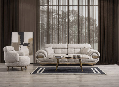 Elegante Wohnzimmer Beige Polstercouch Designer Textilsessel Möbel