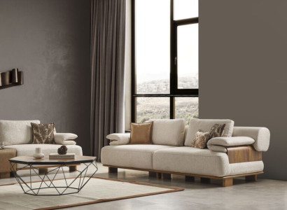 Exklusive Beige Loungecouch Designer Holzgestell Stoffsofa Möbel