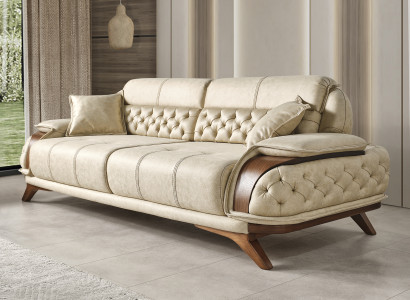 Modernes Beiges Wohnzimmer Sofa Beiger 3-er Holzgestell Ledersofa