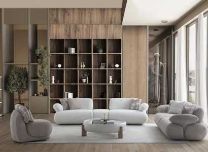 Weiß-Beige Wohnzimmer Sitzgarnitur 2x Stoffsofas Runder Tisch Sessel