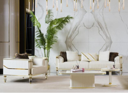 Wohnzimmer Set (Sofagarnitur 3+1+2x Couchtisch) in neutralen Farbtönen.