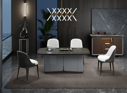 Esszimmer-Set mit grauem Esstisch und sechs weißen Stühlen