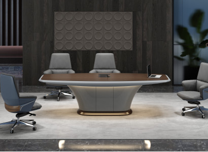 Moderner Konferenztisch in Grau-Braun – elegant und funktional zugleich.