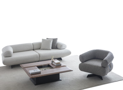 Weiß-graues Wohnzimmer Set Designer Stoffsofa Sessel Holz Couchtisch