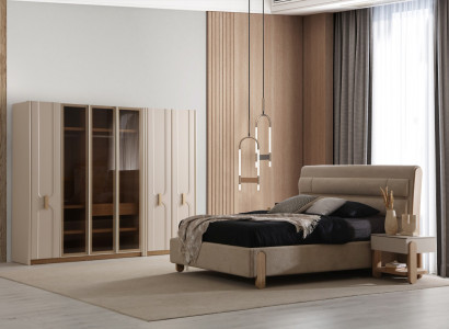 Beige Schlafzimmer Garnitur Doppelbett 2x Nachttische Kleiderschrank