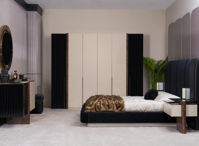 Ästhetisches Schlafzimmer-Set (Bett+2xNachttisch+Schrank+Kommode mit Spiegel).