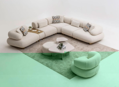 Beige Moderne Couchgarnitur Textilsofa Holz Couchtisch Hocker 5tlg