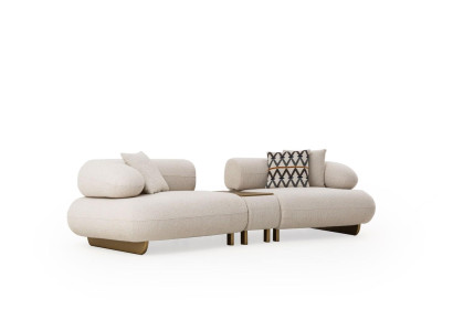 Beiger 4-Sitzer Wohnzimmer Stoffcouch Mit Holz Konsolentisch