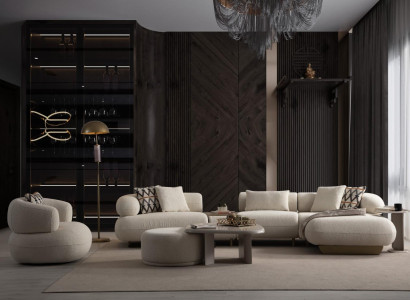 Elegante Couchgarnitur aus Bouclé-Stoff mit Sessel, Pouf und Couchtisch