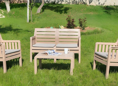 Gartenmöbel-Set beige 2-Sitzer-Sofa zwei Sessel Couchtisch 4 Teile