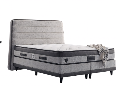 Elegantes Bett in Grau mit schwarzen Beinen und hohem weichen Kopfteil