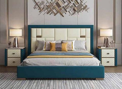 Blau-Beiges Schlafzimmer Bett Designer Polsterbett Edle Textilbetten