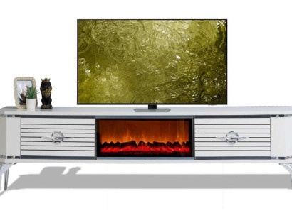 Luxuriöser weiß-silberner TV-Schränk mit Kamin und Metallgriffen
