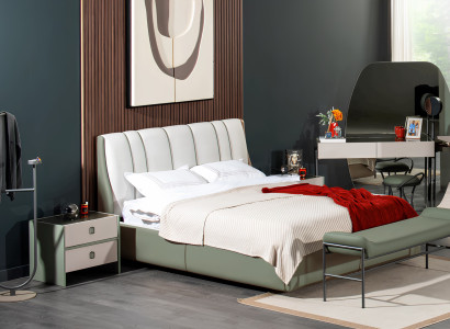 Komplettes Schlafzimmer-Set Designer Textilbett 2x Nachttische Bank