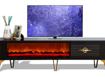 Luxuriöses schwarz-goldenes TV- Schrank mit Kamin