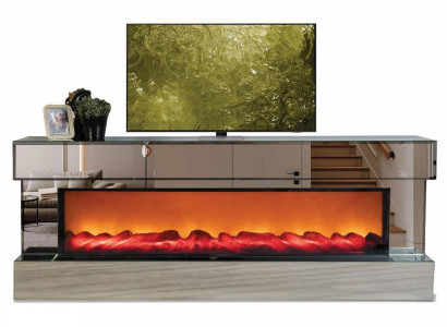 Luxuriöser transparenter Holz-TV-Schrank mit Kamin stilvolle TV-Möbel