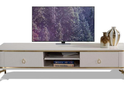 Luxuriöses weiß-goldenes TV-Lowboard mit Metallakzenten