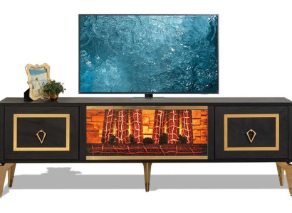 Holz-Fernsehschrank in Schwarz-Gold mit Kamin und Metallgriffen