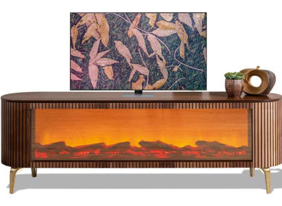 Brauner Fernsehschrank mit Kamin und Bluetooth-Anschluss für Musik