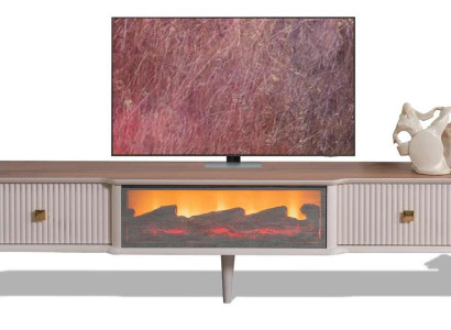 Beiger TV-schrank aus Walnussholz mit Kamin und Bluetooth-Steuerung