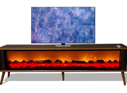 Braunes Holz TV-Lowboard mit Kamin und Bluetooth Steuerung