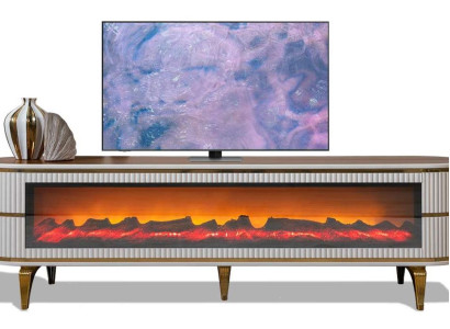 Weiß-brauner TV-Schrank aus Holz mit Kamin für das Wohnzimmer.