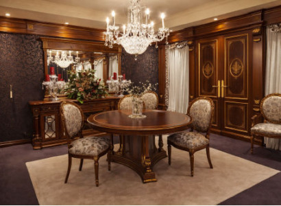 Robuste Massivholz Garnitur Designer Rundtisch 4x Polsterstühle Set