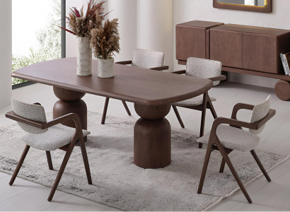 Esstisch mit eleganter runder Holzplatte und stilvollen Säulen Braun Hochwertig