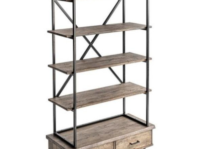 Rustikales Regal aus Holz und Metall mit offenen Fächern und Schublade