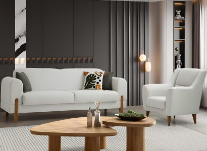 Weiße Wohnzimmer Couchgarnitur Polster 3-Sitzer Textilsessel 2tlg