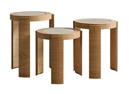 Kleine Beistelltische im Set  Natürliche Holzoptik mit Rattanoberfläche
