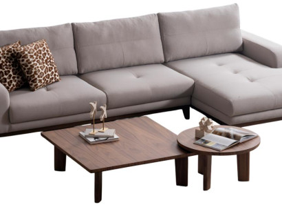 Moderne Beige Eckcouch Stilvoller Brauner Holz Couchtisch 2tlg Set