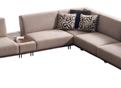 Beiges Wohnzimmer L-Form Sofa Polstercouch Holzablage Edle Kissen