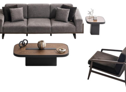 Graue Sofagarnitur Stilvoller Brauner Couchtisch Designer Sessel