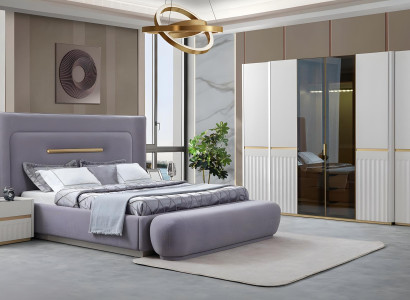 Designer Schlafzimmer-Set Lila Polsterbett Weißer Kleiderschrank