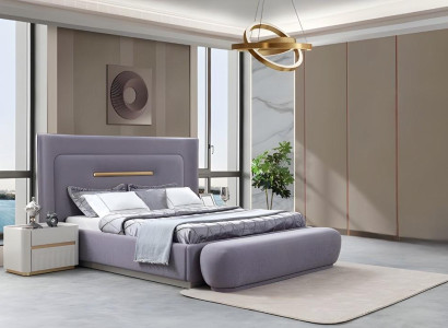Luxuriöses Schlafzimmer-Set Lila Doppelbett 2x Nachttische Sitzbank