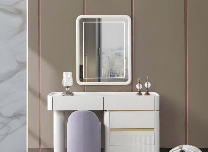 Luxuriöser Weißer Schminktisch Designer Polsterhocker Spiegel 3tlg