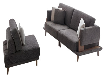 Graue Couchgarnitur Stilvoller 3-Sitzer Luxuriöser Stoffsessel 2tlg