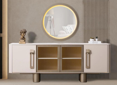 Modernes Sideboard Weiß mit Glasfronten und goldenen Griffen