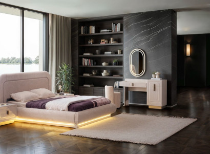 Designer Bett Set mit Nachttisch und Schminktisch mit Spiegel für Schlafzimmer