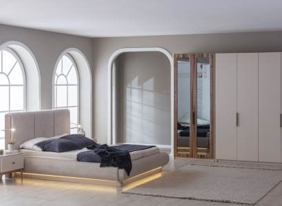 Modernes Bett Set mit Nachttisch und Schrank für jedes Interieur