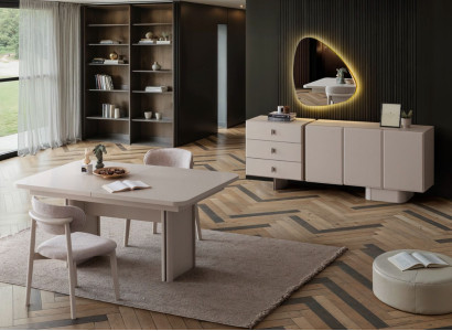 Moderner Esstisch mit Stühlen und Kommode mit Spiegel