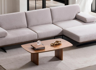 Moderne Hellbeige Eckcouch L-Form Polstersofa Holz Couchtisch 2tlg