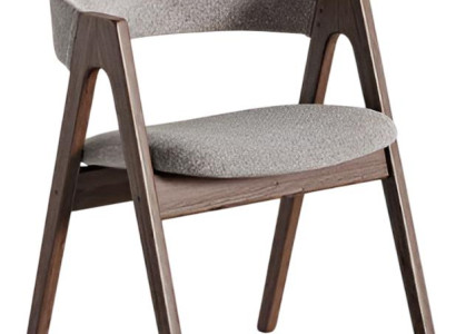 Moderner Holzstuhl mit grauem Stoffbezug und ergonomischem Design luxuriöse