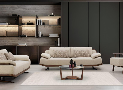 Beige 3+3+1 Sofa Set mit eleganten Linien und Holzdetails