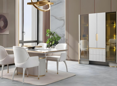 Elegante Esszimmer Garnitur Weißer Esstisch 4x Essstühle Vitrine