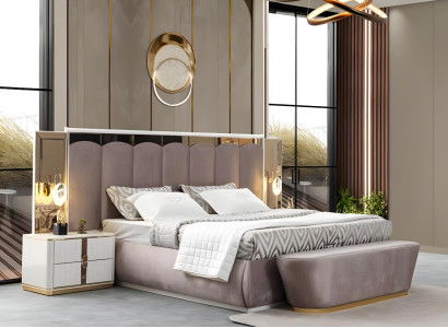 Luxuriöses Schlafzimmer-Set Designer Polsterbett 2x Holz Nachttische