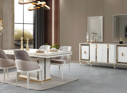 Weiße Esszimmergarnitur Esstisch 4x Textilstühle Sideboard 10tlg