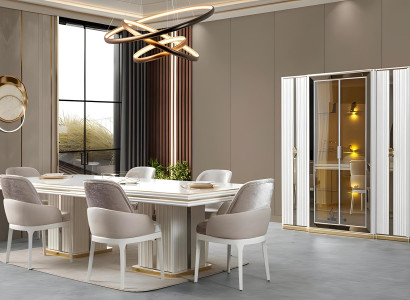 Weiße Esszimmergarnitur Luxuriöser Esstisch Polsterstühle Vitrine