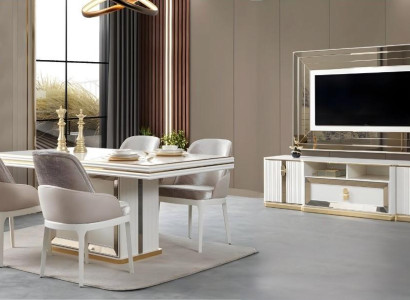 Weiße Esszimmer Garnitur Polsterstühle Designer Esstisch TV-Ständer